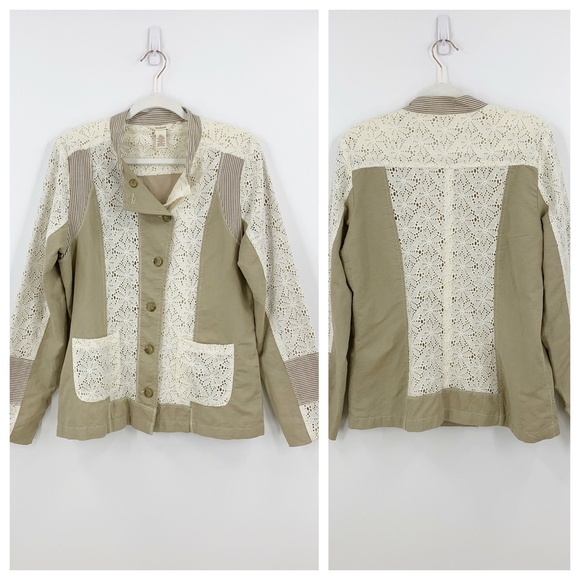 Sundance Eyelet Linen Jacket Khaki & Ivory Sz 10
